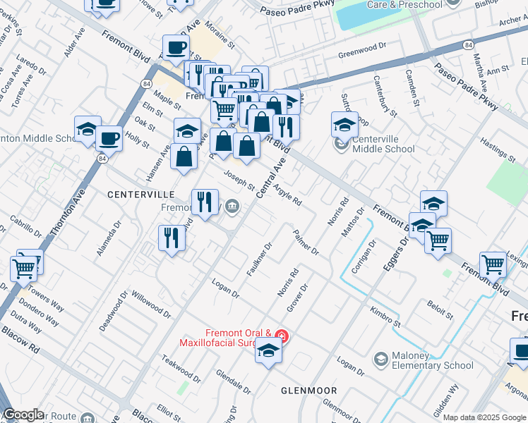 map of restaurants, bars, coffee shops, grocery stores, and more near 4222 Central Avenue in Fremont