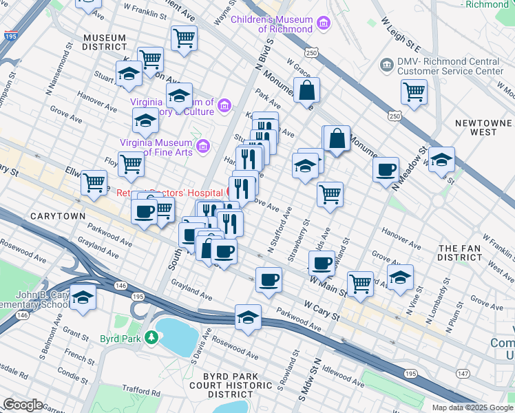 map of restaurants, bars, coffee shops, grocery stores, and more near 2507 Grove Avenue in Richmond