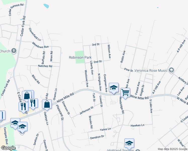map of restaurants, bars, coffee shops, grocery stores, and more near 105 Liberty Avenue in Richmond