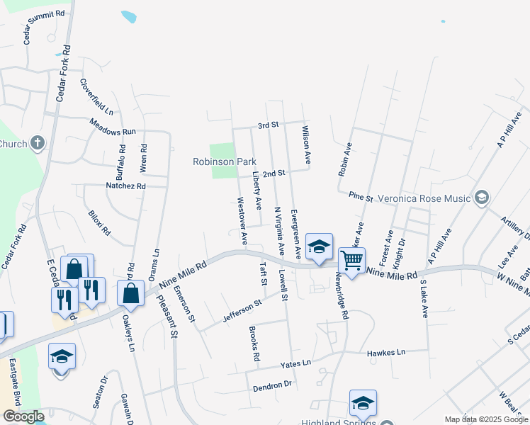 map of restaurants, bars, coffee shops, grocery stores, and more near 105 Liberty Avenue in Richmond