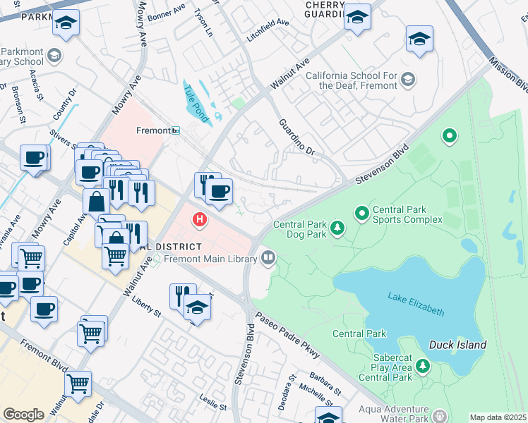 map of restaurants, bars, coffee shops, grocery stores, and more near 1975 Barrymore Common in Fremont