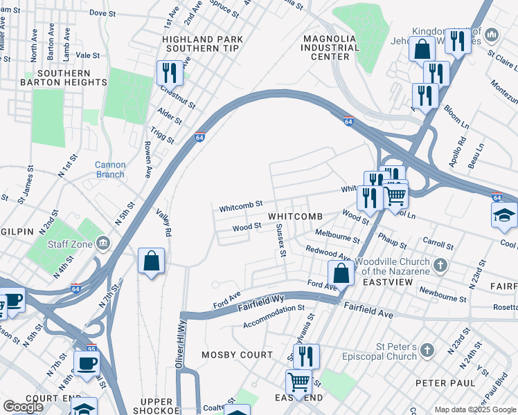 map of restaurants, bars, coffee shops, grocery stores, and more near 2109 Whitcomb Street in Richmond