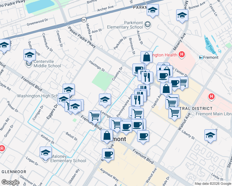 map of restaurants, bars, coffee shops, grocery stores, and more near Country Drive in Fremont