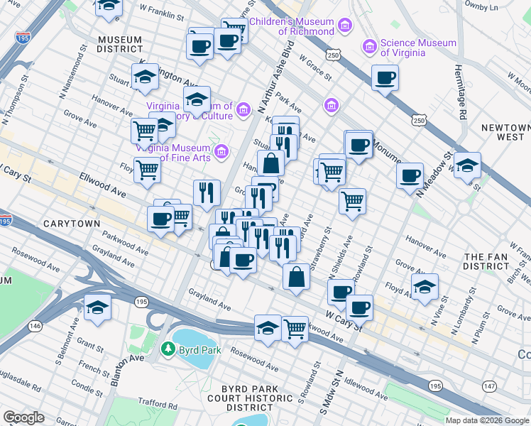 map of restaurants, bars, coffee shops, grocery stores, and more near in Richmond