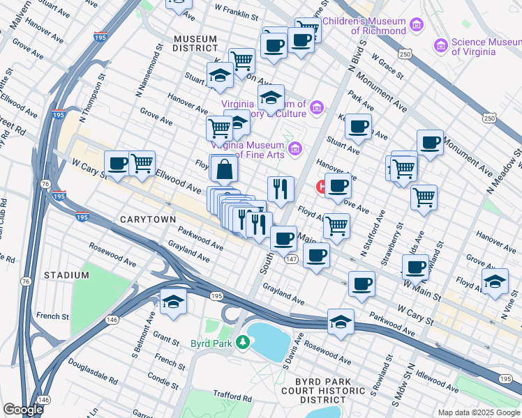 map of restaurants, bars, coffee shops, grocery stores, and more near 4 North Colonial Avenue in Richmond