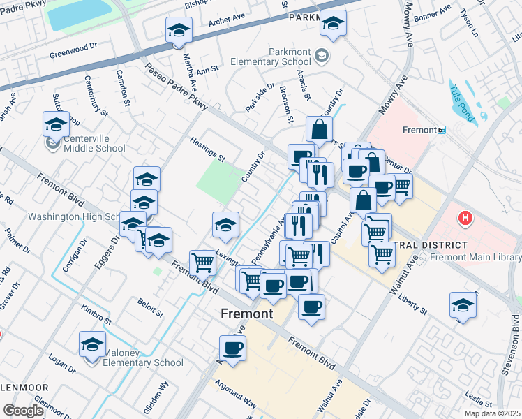 map of restaurants, bars, coffee shops, grocery stores, and more near 38611 Country Common in Fremont