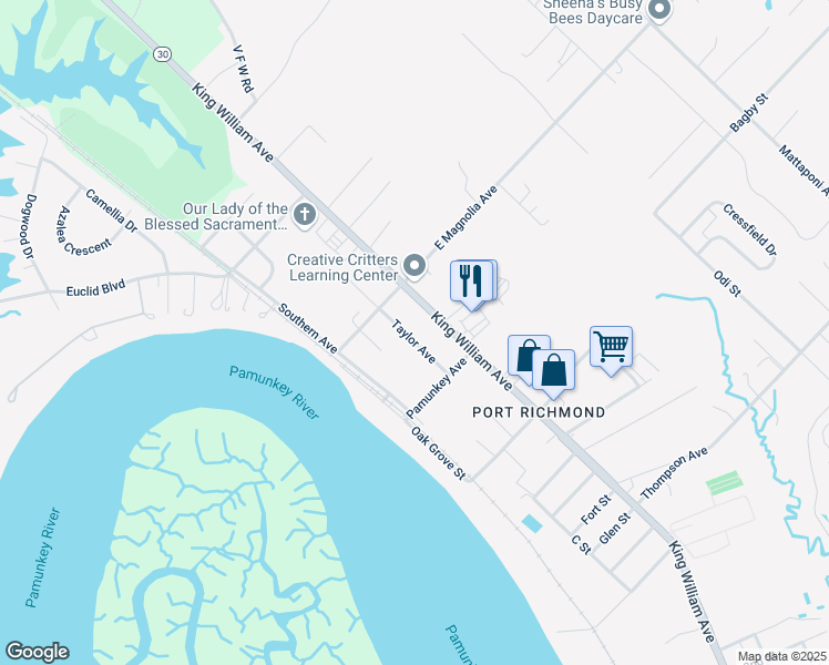 map of restaurants, bars, coffee shops, grocery stores, and more near 3282 Taylor Avenue in West Point