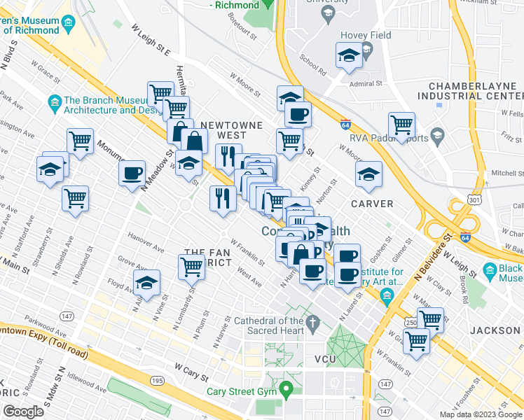 map of restaurants, bars, coffee shops, grocery stores, and more near 1365 West Broad Street in Richmond