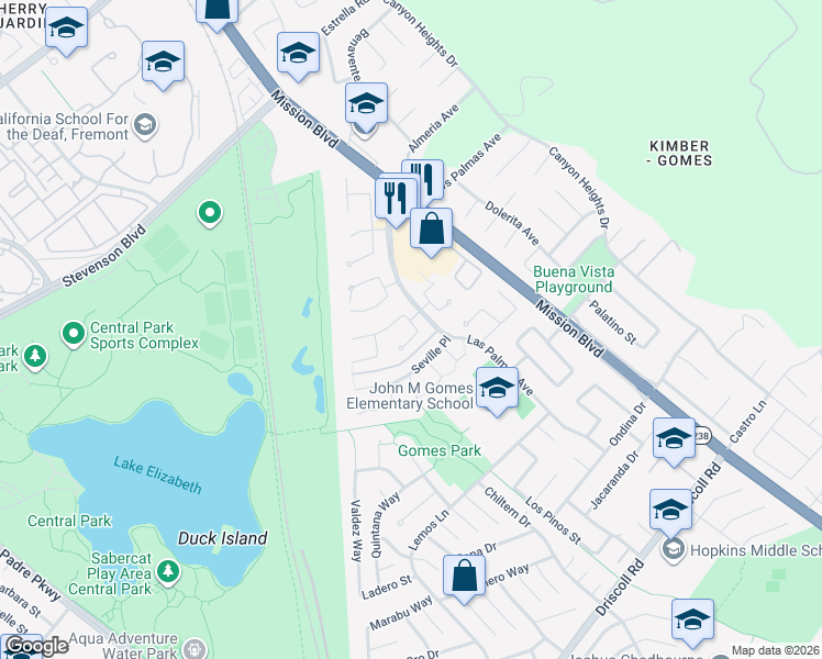 map of restaurants, bars, coffee shops, grocery stores, and more near 40326 San Sebastian Place in Fremont