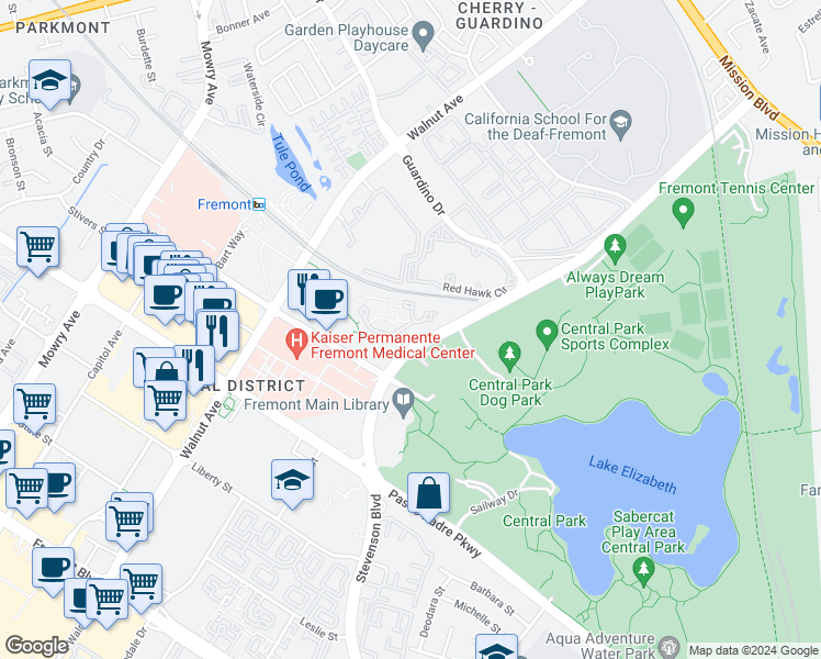 map of restaurants, bars, coffee shops, grocery stores, and more near 1995 Barrymore Common in Fremont