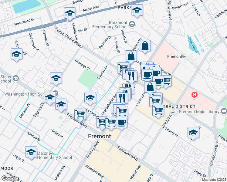 map of restaurants, bars, coffee shops, grocery stores, and more near 38800 Hastings Street in Fremont