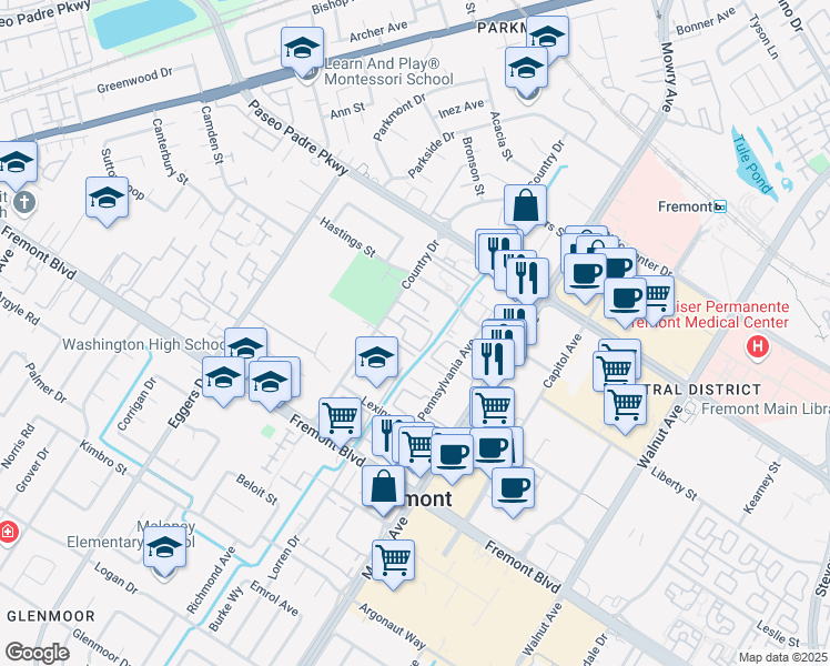 map of restaurants, bars, coffee shops, grocery stores, and more near 38622 Country Common in Fremont