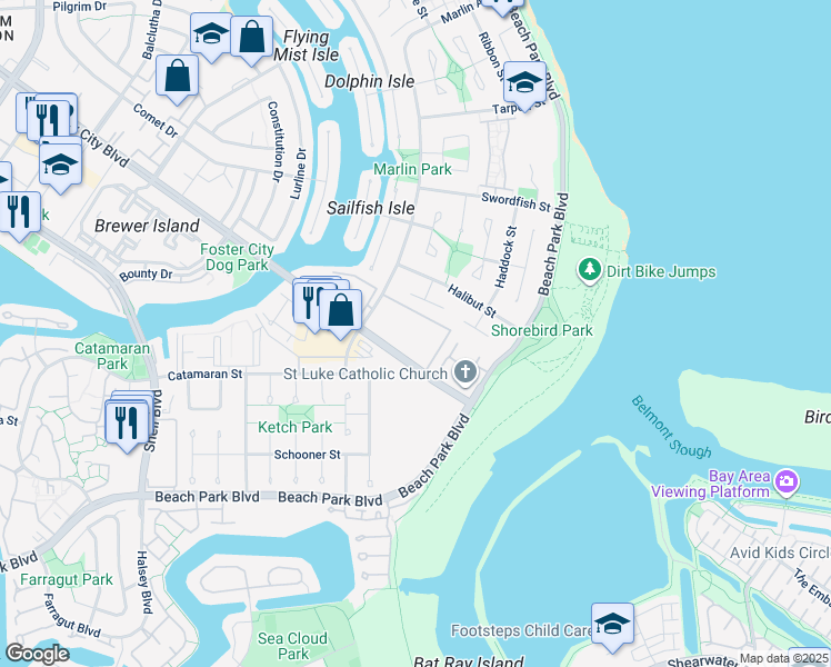 map of restaurants, bars, coffee shops, grocery stores, and more near 760 Marlin Avenue in Foster City