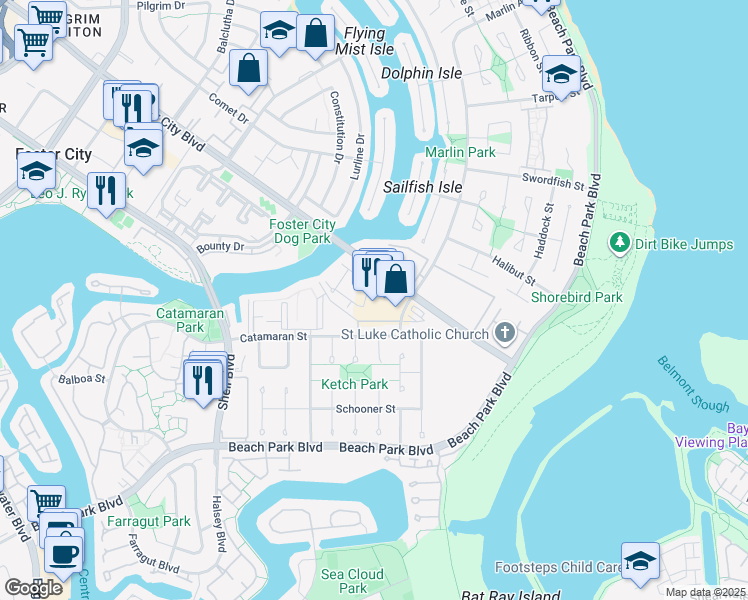 map of restaurants, bars, coffee shops, grocery stores, and more near 1060 Foster City Boulevard in Foster City