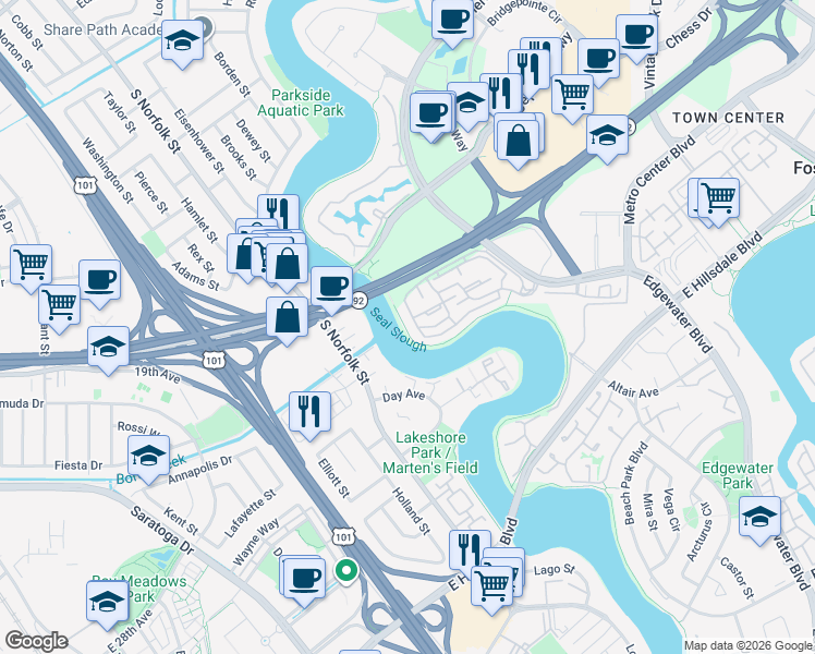 map of restaurants, bars, coffee shops, grocery stores, and more near 1402 Via Vista in San Mateo