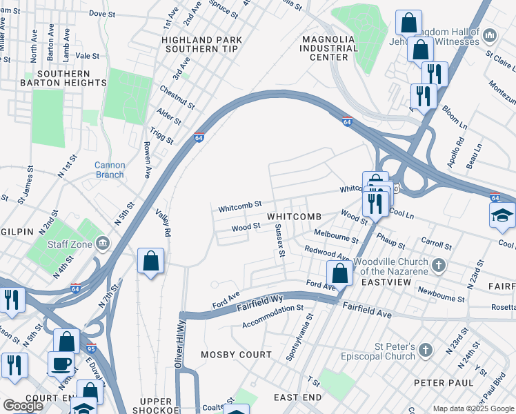 map of restaurants, bars, coffee shops, grocery stores, and more near 2109 Whitcomb Street in Richmond