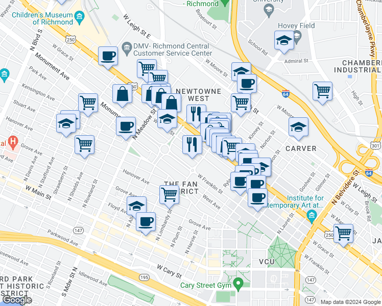 map of restaurants, bars, coffee shops, grocery stores, and more near 1641 West Grace Street in Richmond