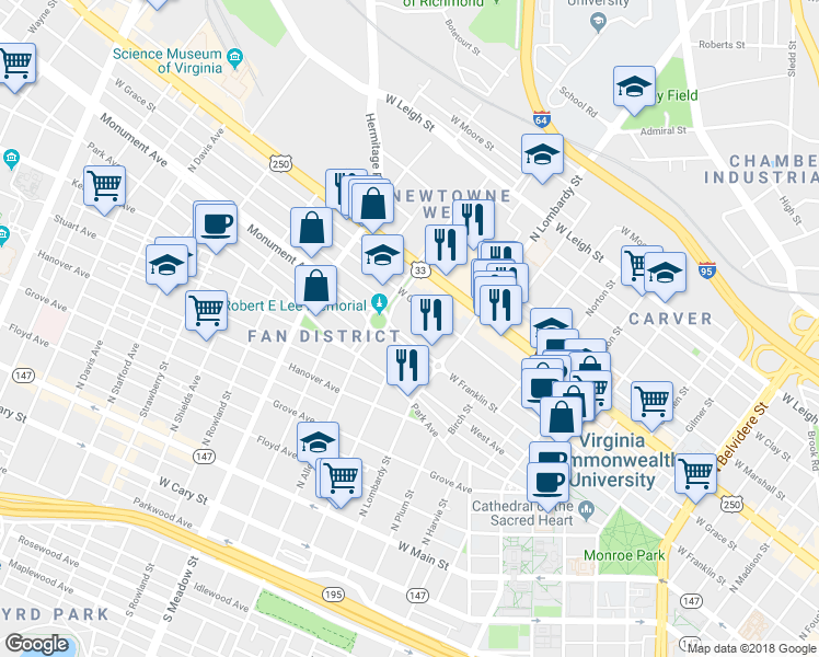 map of restaurants, bars, coffee shops, grocery stores, and more near 1641 West Grace Street in Richmond
