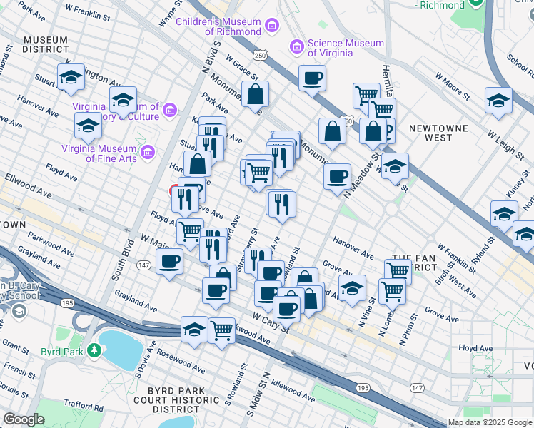 map of restaurants, bars, coffee shops, grocery stores, and more near 2230 Hanover Avenue in Richmond