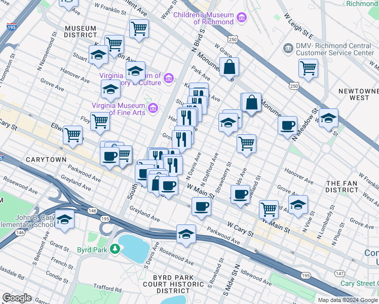 map of restaurants, bars, coffee shops, grocery stores, and more near 2525 Grove Avenue in Richmond