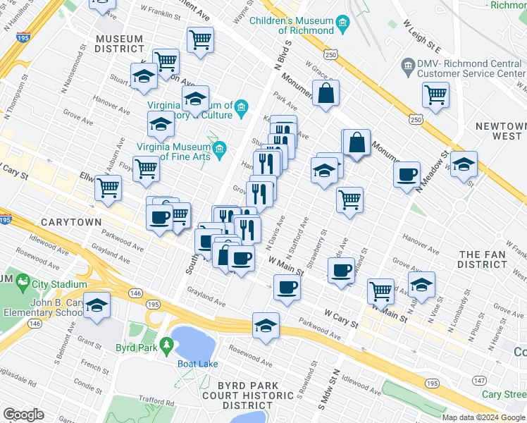 map of restaurants, bars, coffee shops, grocery stores, and more near 2525 Grove Avenue in Richmond