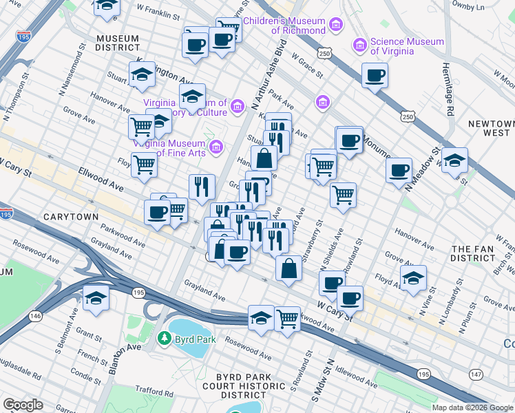 map of restaurants, bars, coffee shops, grocery stores, and more near in Richmond