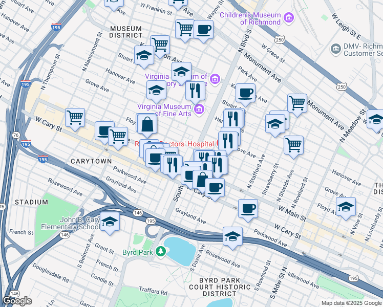 map of restaurants, bars, coffee shops, grocery stores, and more near 102 Virginia 161 in Richmond