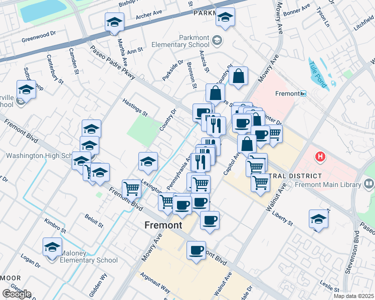 map of restaurants, bars, coffee shops, grocery stores, and more near 3355 Pennsylvania Avenue in Fremont