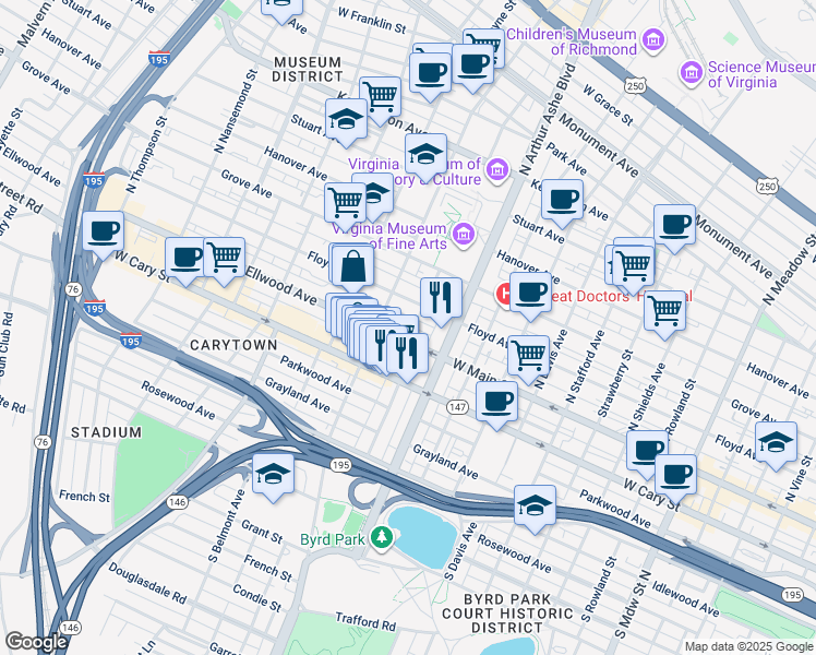 map of restaurants, bars, coffee shops, grocery stores, and more near 4 North Colonial Avenue in Richmond