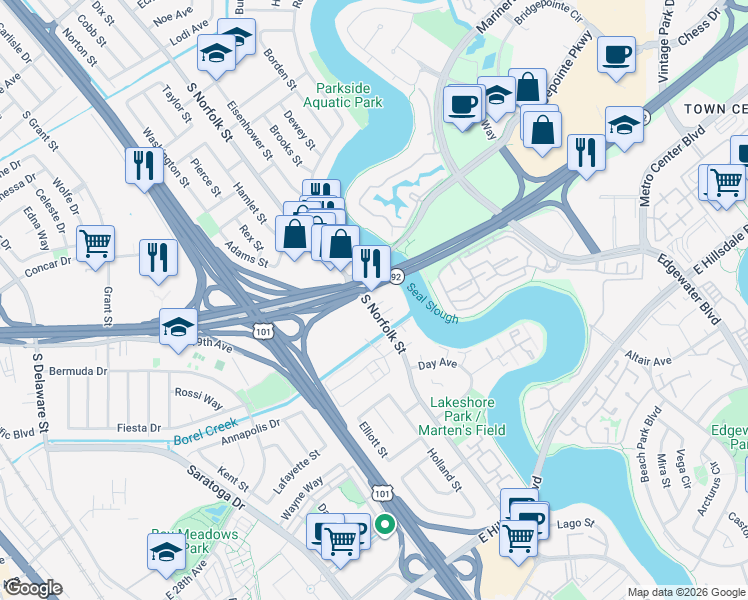 map of restaurants, bars, coffee shops, grocery stores, and more near in San Mateo