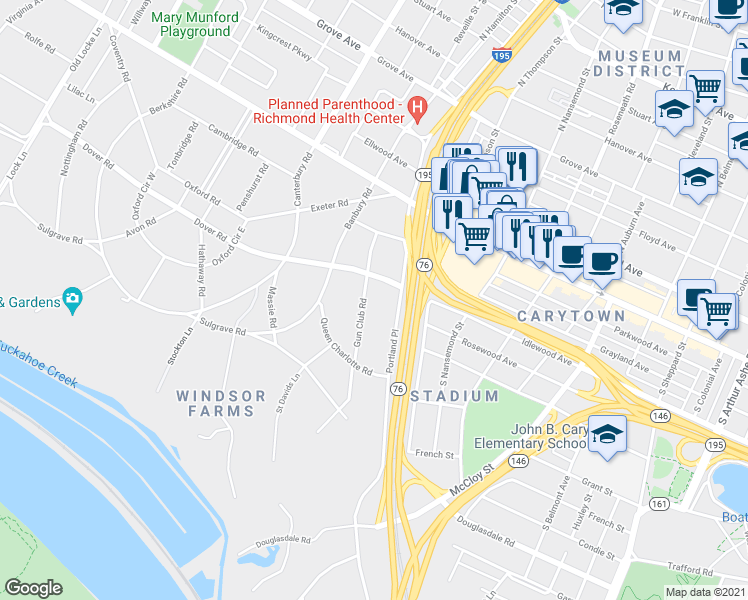 map of restaurants, bars, coffee shops, grocery stores, and more near 203 Gun Club Road in Richmond
