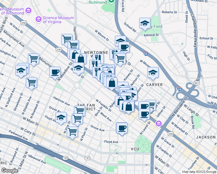 map of restaurants, bars, coffee shops, grocery stores, and more near W Broad St & Bowe St in Richmond