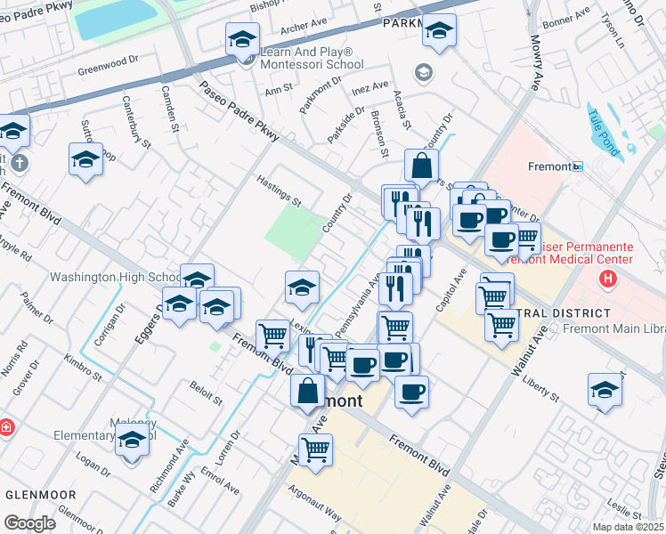 map of restaurants, bars, coffee shops, grocery stores, and more near 38611 Country Common in Fremont
