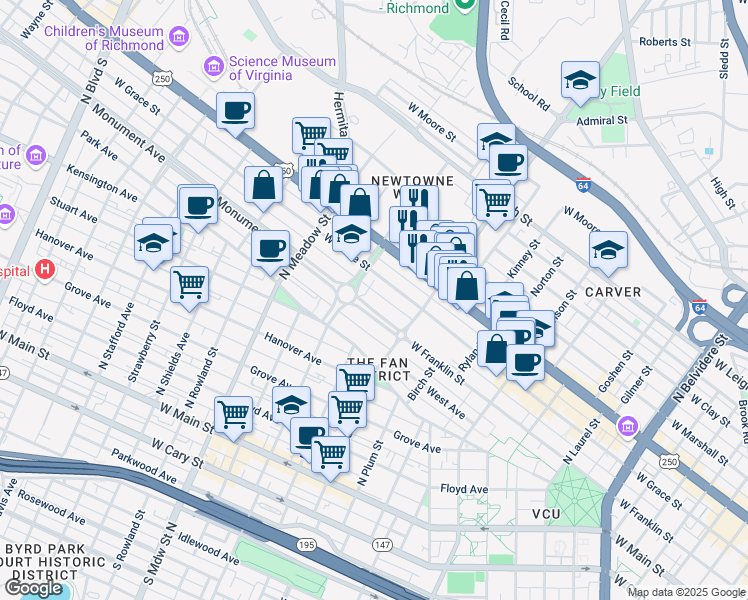 map of restaurants, bars, coffee shops, grocery stores, and more near 1630 Monument Avenue in Richmond