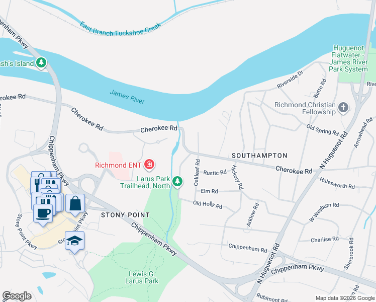 map of restaurants, bars, coffee shops, grocery stores, and more near Cherokee Road in Richmond