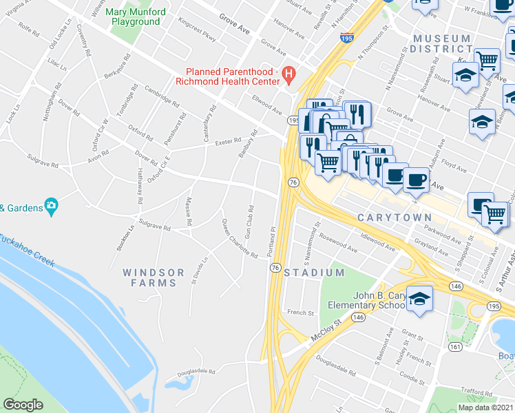 map of restaurants, bars, coffee shops, grocery stores, and more near 203 Gun Club Road in Richmond