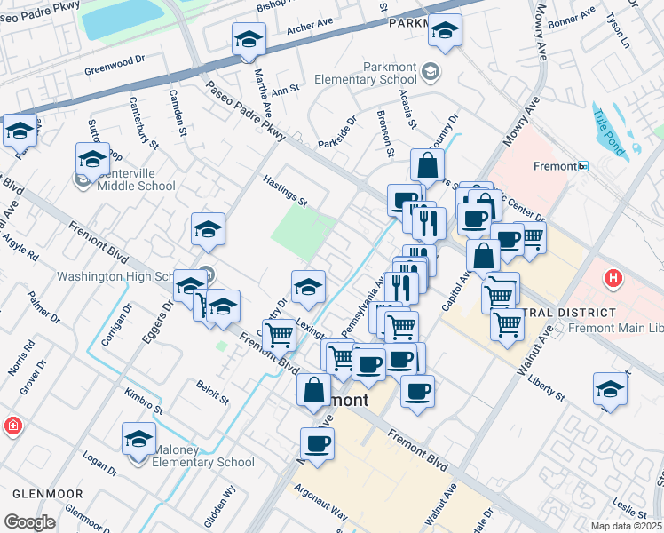 map of restaurants, bars, coffee shops, grocery stores, and more near Country Terrace in Fremont