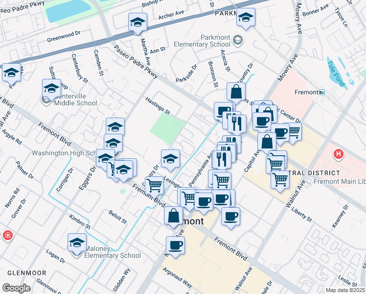 map of restaurants, bars, coffee shops, grocery stores, and more near Country Terrace in Fremont