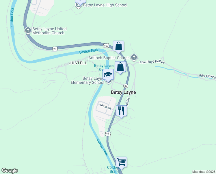 map of restaurants, bars, coffee shops, grocery stores, and more near 256 School Street in Betsy Layne