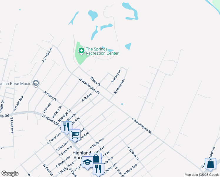 map of restaurants, bars, coffee shops, grocery stores, and more near 403 Kramer Drive in Highland Springs