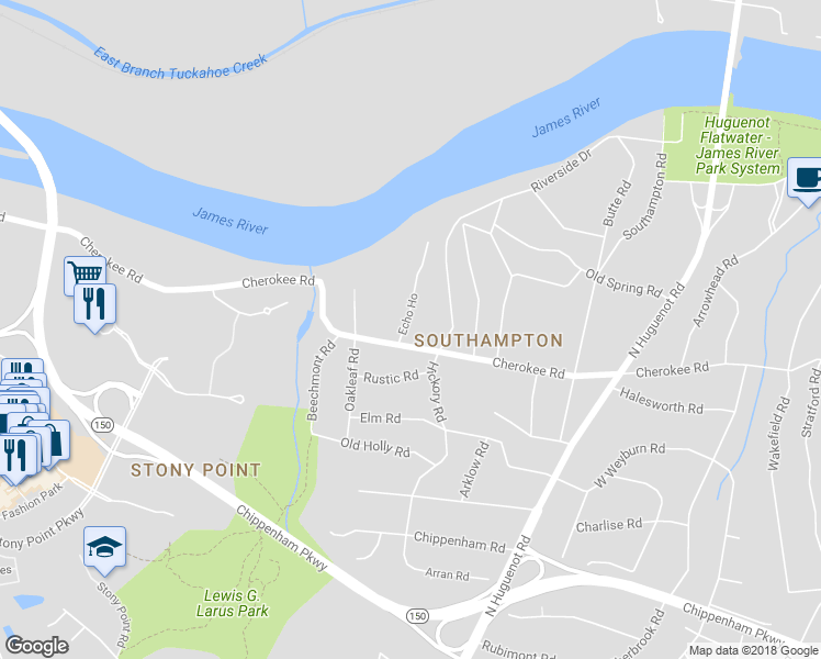 map of restaurants, bars, coffee shops, grocery stores, and more near 8928 Cherokee Road in Richmond