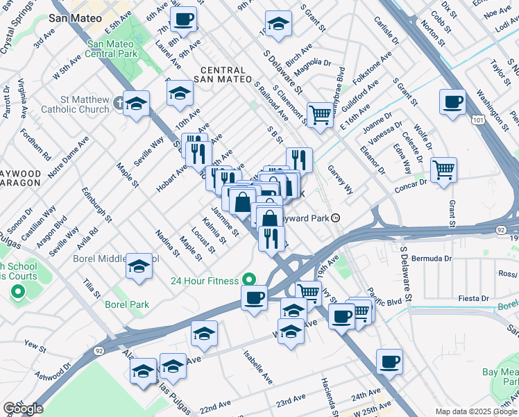 map of restaurants, bars, coffee shops, grocery stores, and more near 30 16th Avenue in San Mateo
