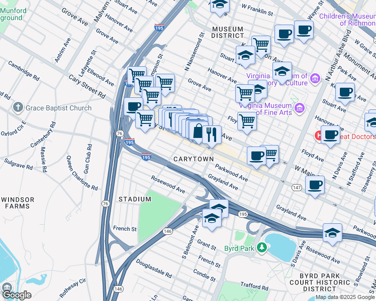 map of restaurants, bars, coffee shops, grocery stores, and more near 3322 Parkwood Avenue in Richmond