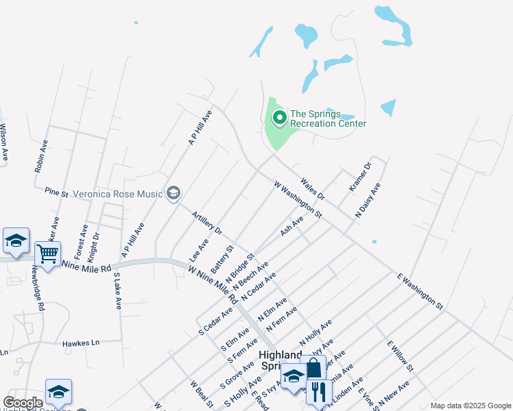 map of restaurants, bars, coffee shops, grocery stores, and more near 124 Battery Street in Highland Springs