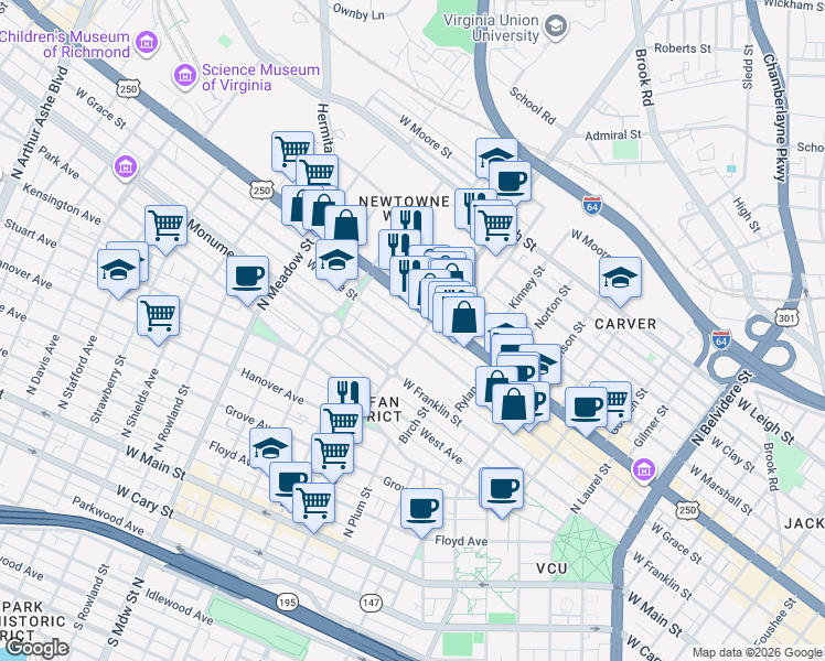 map of restaurants, bars, coffee shops, grocery stores, and more near 1600 West Grace Street in Richmond