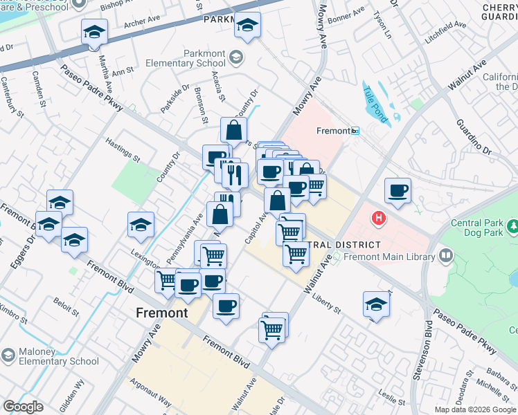 map of restaurants, bars, coffee shops, grocery stores, and more near 38929-38989 Paseo Padre Pkwy in Fremont