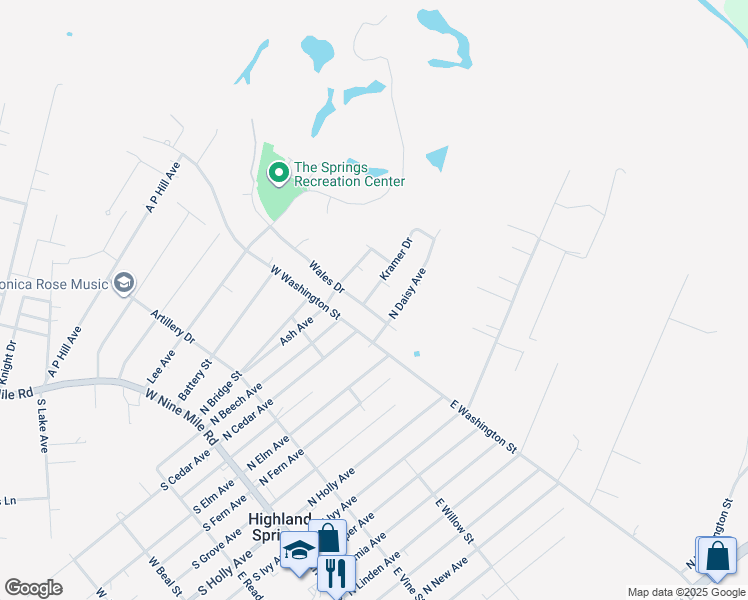 map of restaurants, bars, coffee shops, grocery stores, and more near 403 Kramer Drive in Highland Springs