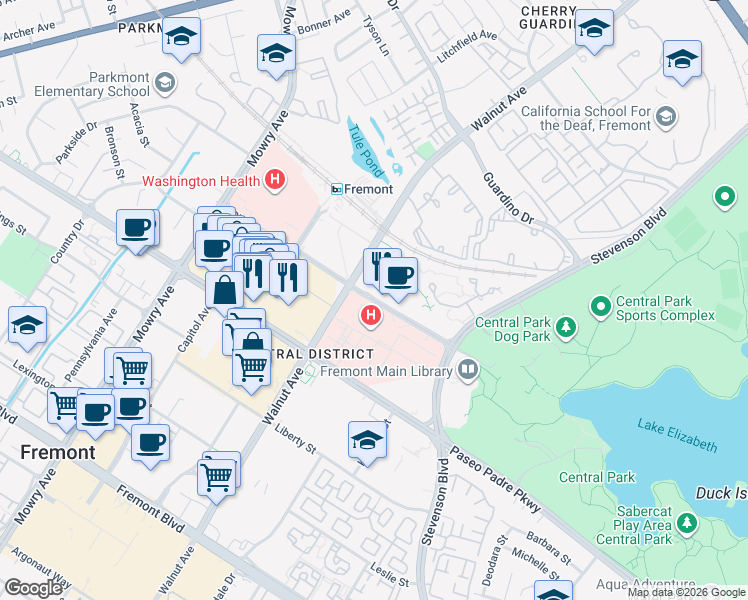 map of restaurants, bars, coffee shops, grocery stores, and more near in Fremont
