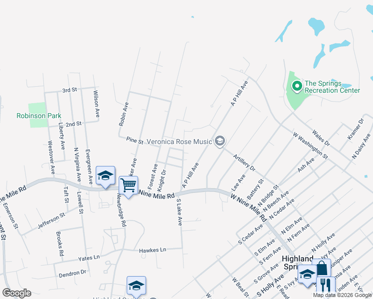 map of restaurants, bars, coffee shops, grocery stores, and more near 109 North Lake Avenue in Richmond