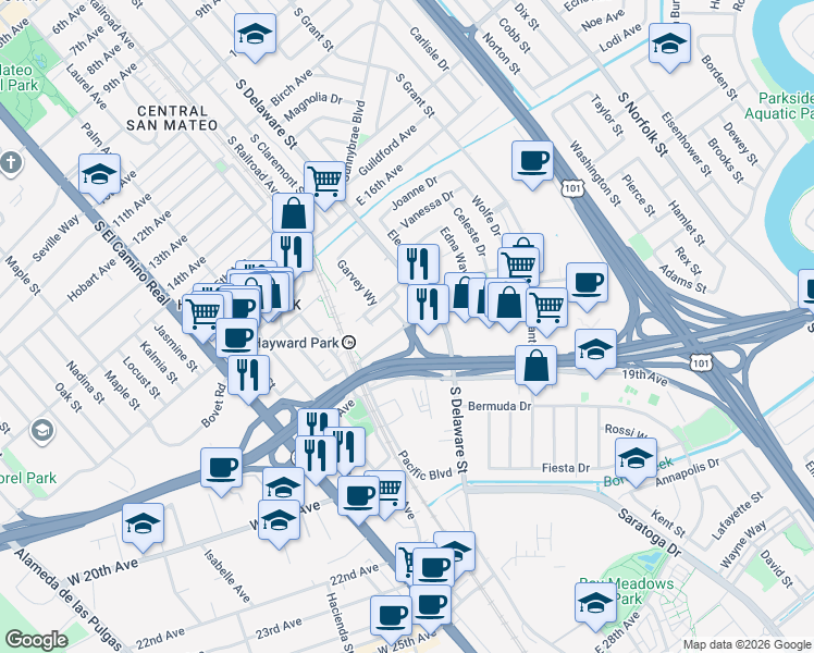 map of restaurants, bars, coffee shops, grocery stores, and more near 450 Concar Drive in San Mateo